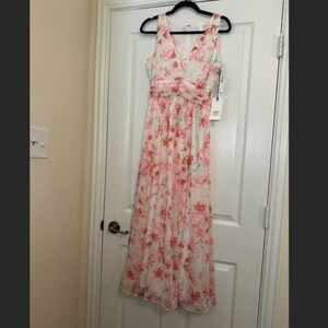 LEITH -  Ruched Waist Chiffon Maxi Dress in White Lush Watercolor